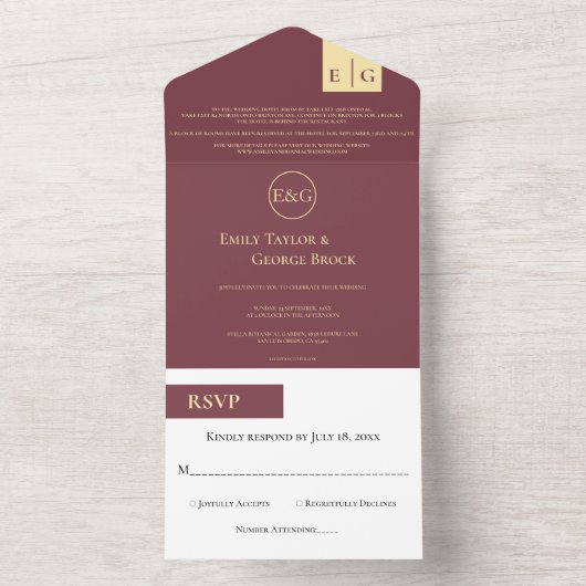 Elegant Burgundy Gold Typography Classy Wedding All In One Uitnodiging (Binnen)