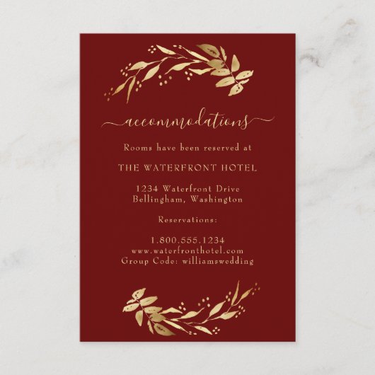Elegant Burgundy Gold Wedding Accommodations Informatiekaartje (Voorkant)
