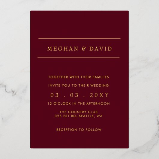 Elegant Burgundy Gold Wedding Folie Folie Uitnodiging (Voorkant)