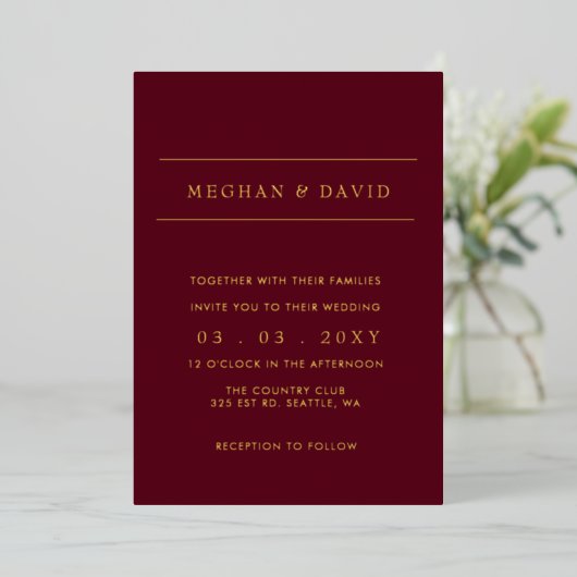 Elegant Burgundy Gold Wedding Folie Folie Uitnodiging (Staand Voorkant)