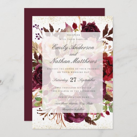 Elegant Burgundy Gold Wedding Kaart (Voorkant / Achterkant)