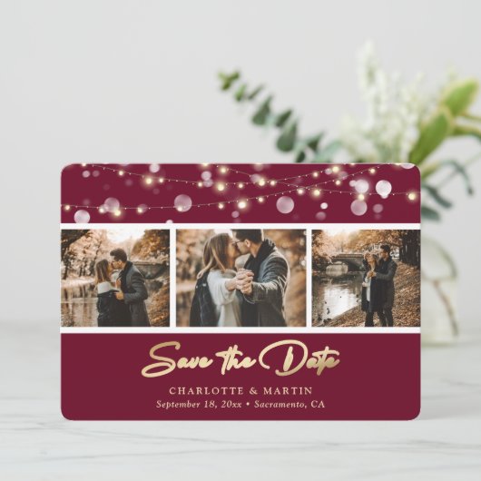 Elegant Burgundy Gold Wedding Photo Save the Date (Staand voorkant)