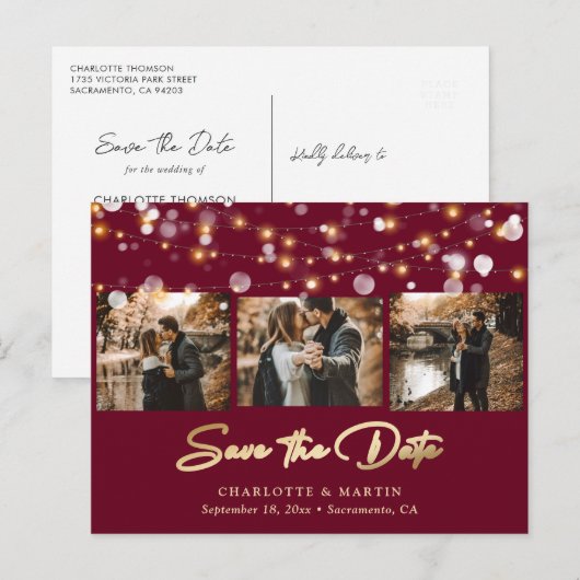 Elegant Burgundy Gold Wedding Photo Save the Date Aankondigingskaart (Voorkant / Achterkant)