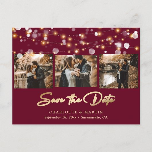 Elegant Burgundy Gold Wedding Photo Save the Date Aankondigingskaart (Voorkant)