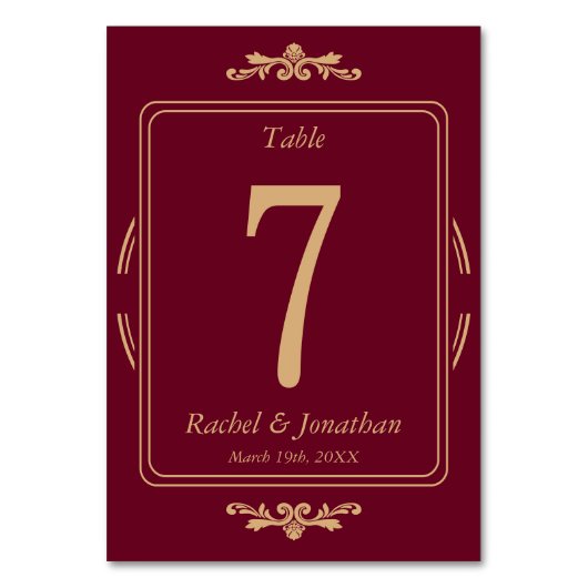 Elegant Burgundy & Gold Wedding Table Number Card Kaart (Voorkant)