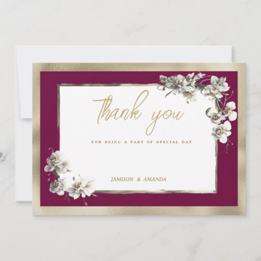 Elegant burgundy gold white orchid Thank You Kaart (Voorkant)