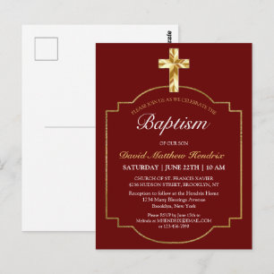Elegant Burgundy Golden Cross Boys Baptism Invita Briefkaart