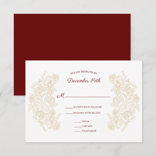 Elegant Burgundy & Golden Rozen Reply Card RSVP Kaartje (Voorkant / Achterkant)