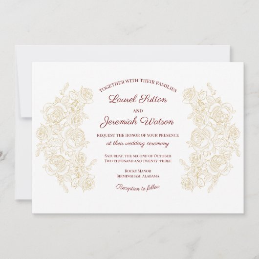 Elegant Burgundy & Golden Rozen Wedding Kaart (Voorkant)