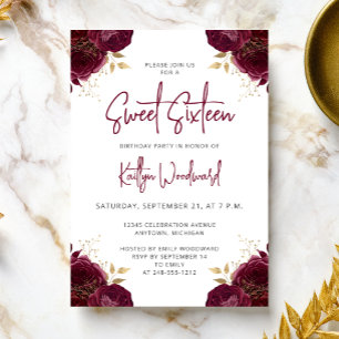 Elegant Burgundy Goud Bloem Sweet 16 Feest Kaart