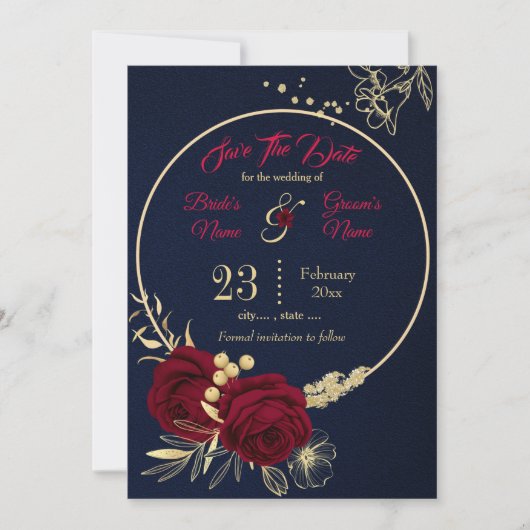 elegant burgundy goudblauw save the date (Voorkant)