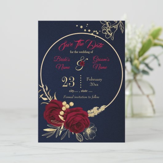 elegant burgundy goudblauw save the date (Staand voorkant)