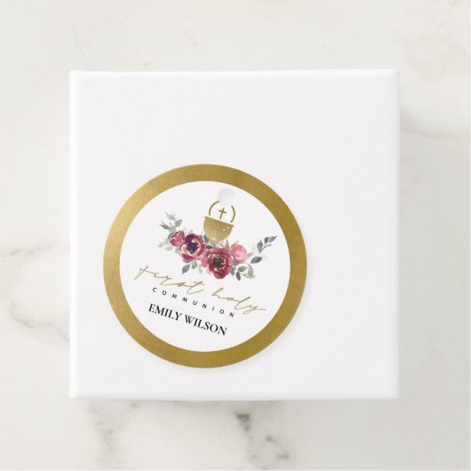 ELEGANT BURGUNDY GOUDEN BLOEMEN EERSTE H. COMMUNIE BEDANKJES LABELS (In situ)