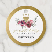 ELEGANT BURGUNDY GOUDEN BLOEMEN EERSTE H. COMMUNIE BEDANKJES LABELS (Voorkant)