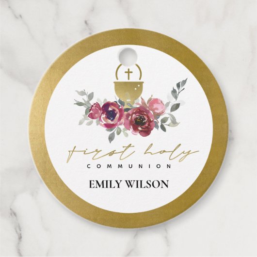 ELEGANT BURGUNDY GOUDEN BLOEMEN EERSTE H. COMMUNIE BEDANKJES LABELS (Voorkant)