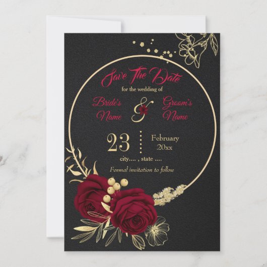 elegant burgundy goudfloraal zwart save the date (Voorkant)