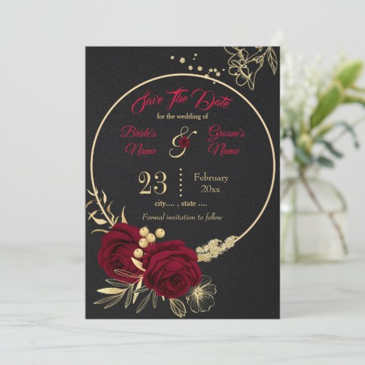 elegant burgundy goudfloraal zwart save the date