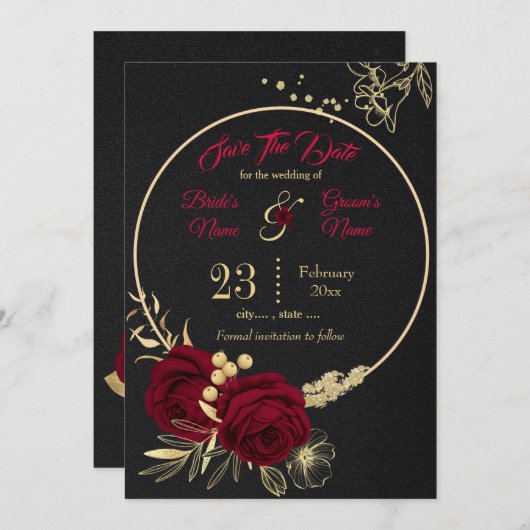 elegant burgundy goudfloraal zwart save the date (Voorkant / Achterkant)