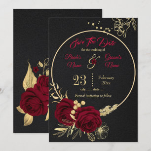 elegant burgundy goudfloraal zwart save the date