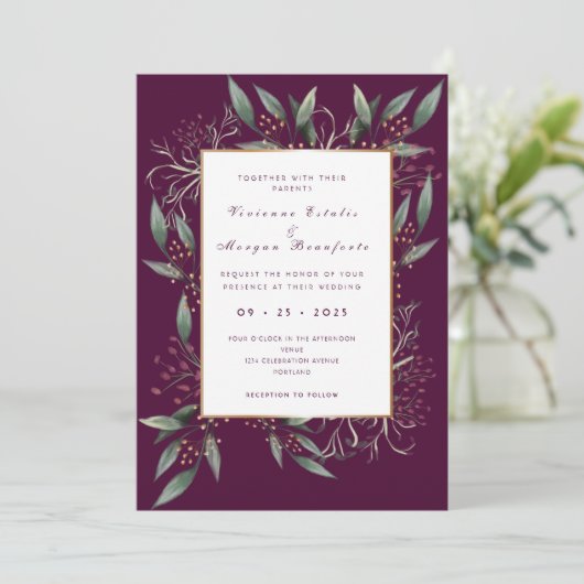 Elegant burgundy green leaf gold bruiloft kaart (Staand voorkant)