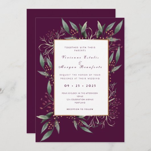 Elegant burgundy green leaf gold bruiloft kaart (Voorkant / Achterkant)