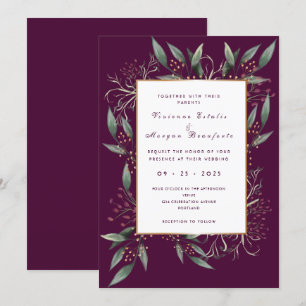 Elegant burgundy green leaf gold bruiloft kaart