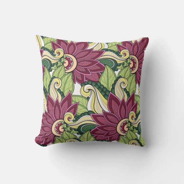 Elegant Burgundy Green Yellow Flowers en Swirl Kussen (Voorkant)