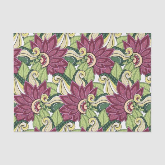 Elegant Burgundy Green Yellow Flowers en Swirl Tissuepapier (Voorkant)