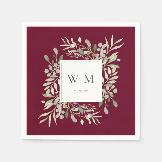 Elegant Burgundy Greenery Gold Monogram Servet (Voorkant)