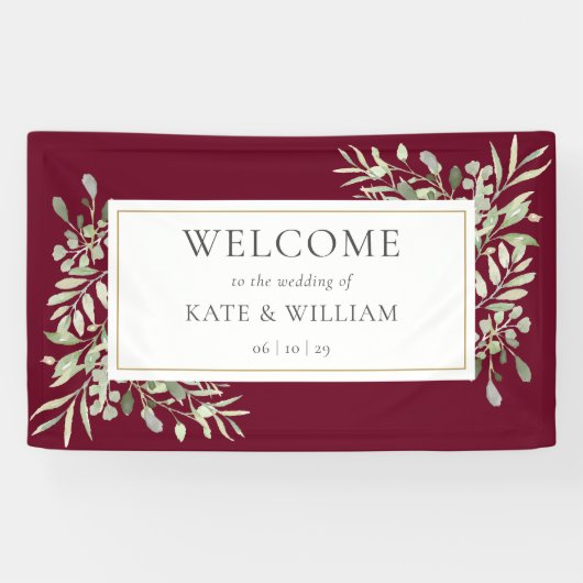 Elegant Burgundy Greenery Wedding Welkom Spandoek (Horizontaal)