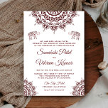 Elegant Burgundy Henna Indian Wedding Invitation Kaart<br><div class="desc">Verrijk je gasten met deze traditionele trouwuitnodiging met een elegante hennekunst en prachtig versierde olifanten tegen een witte achtergrond. Voeg eenvoudig uw gebeurtenisdetails op deze makkelijk te gebruiken sjabloon toe om het één-van-een-soort uitnodiging te maken. Draai de kaart om een prachtig traditioneel patroon op de achterkant van de kaart te...</div>