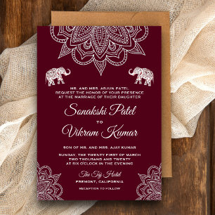 Elegant Burgundy Henna Indian Wedding Invitation Kaart