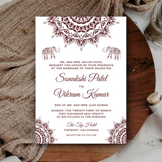 Elegant Burgundy Henna Indian Wedding Invitation Kaart