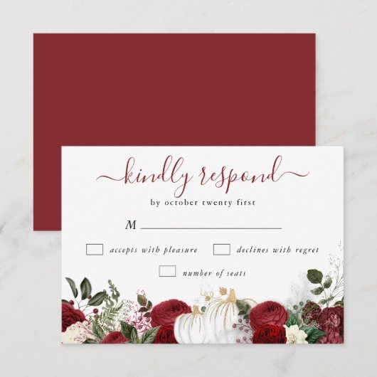 Elegant Burgundy Herfst Pumpkin Wedding RSVP Kaartje (Voorkant / Achterkant)