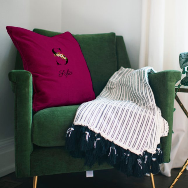 Elegant burgundy hibiscus monogram Sierkussen (Creator heeft geüpload)