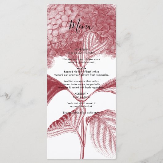 Elegant Burgundy Hydrangea Wedding Menu (Voorkant)