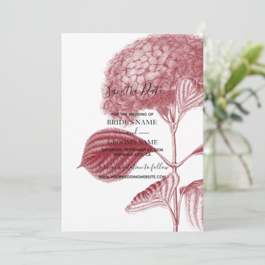 Elegant Burgundy Hydrangea Wedding Save The Date (Staand voorkant)