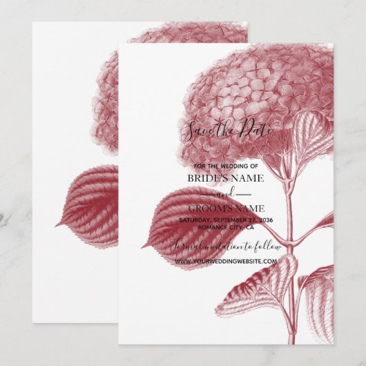 Elegant Burgundy Hydrangea Wedding Save The Date (Voorkant / Achterkant)