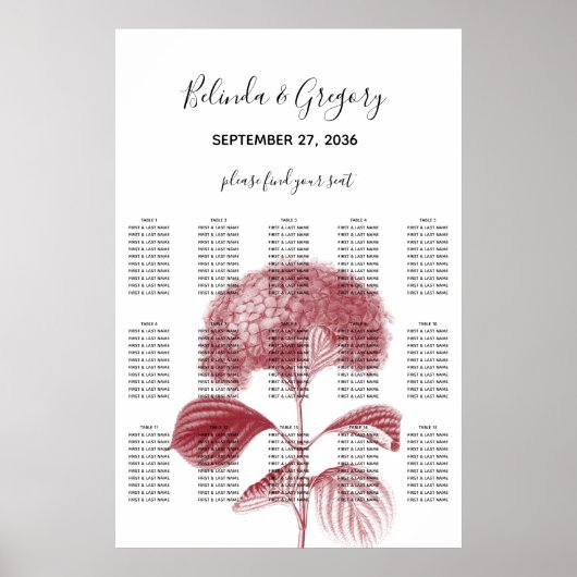 Elegant Burgundy Hydrangea Wedding Seding Chart Poster (Voorkant)
