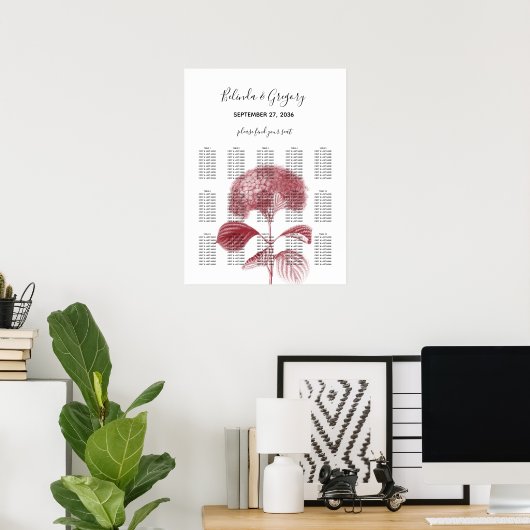 Elegant Burgundy Hydrangea Wedding Seding Chart Poster (Thuiskantoor)