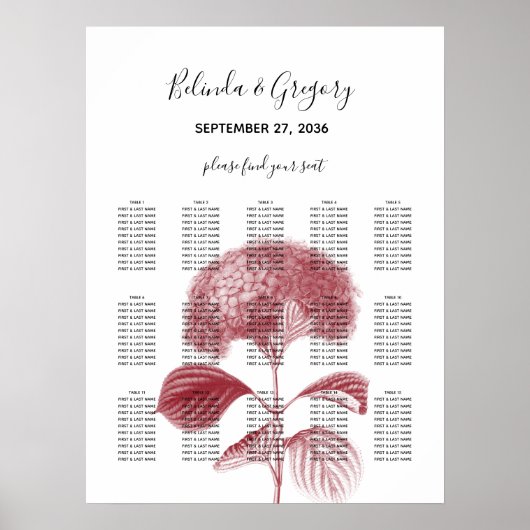 Elegant Burgundy Hydrangea Wedding Seding Chart Poster (Voorkant)