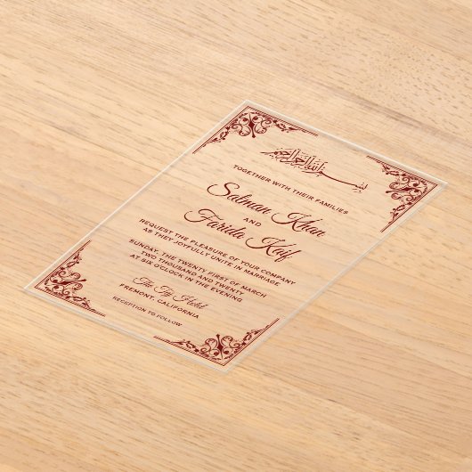 Elegant Burgundy Islamic Muslim Wedding Acryl Uitnodigingen (Laagn)