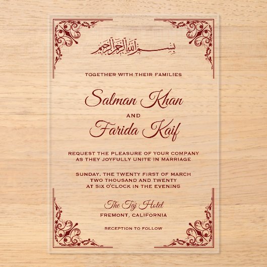Elegant Burgundy Islamic Muslim Wedding Acryl Uitnodigingen (Voorkant)