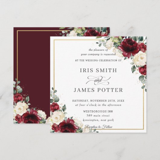 Elegant Burgundy Ivory Floral Gold Wedding Square Kaart (Voorkant / Achterkant)