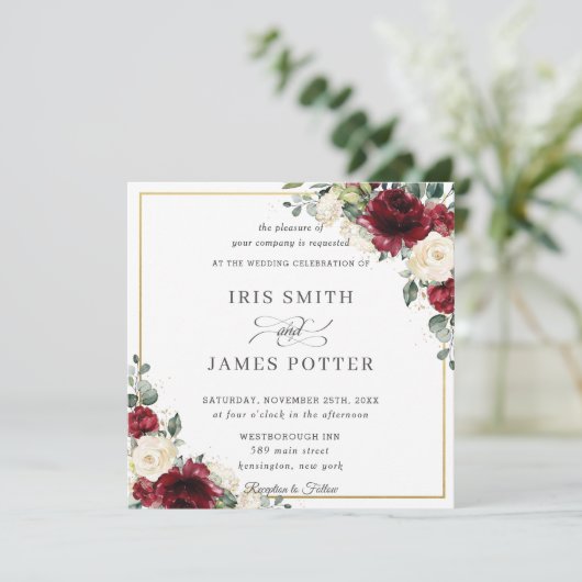 Elegant Burgundy Ivory Floral Gold Wedding Square Kaart (Staand voorkant)