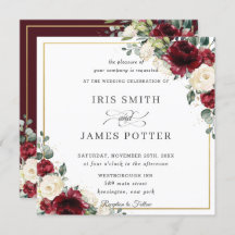 Elegant Burgundy Ivory Floral Gold Wedding Square