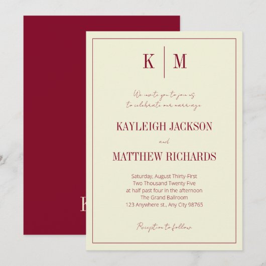 Elegant Burgundy Ivory Monogram Wedding Kaart (Voorkant / Achterkant)