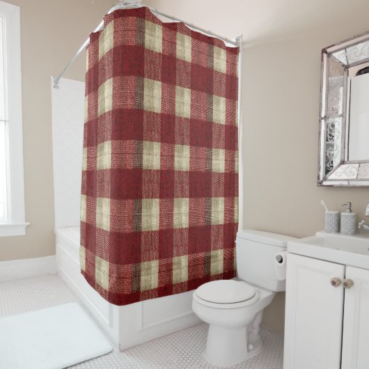 Elegant Burgundy Ivory Rust Red Plaid Pattern Douchegordijn (In situ)