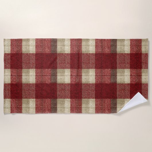 Elegant Burgundy Ivory Rust Red Plaid Pattern Strandlaken (Voorkant)