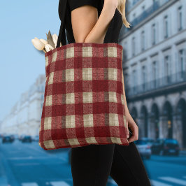 Elegant Burgundy Ivory Rust Red Plaid Pattern Tote Bag